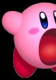 Kirby, the iconic pink character, excitedly opens its mouth, ready to inhale enemies in a vibrant, colorful pose.