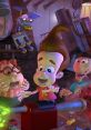 Jimmy Neutron and friends react with surprise to a wild invention in their lab, featuring a robot dog and colorful gadgets.