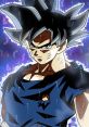 Goku from Dragon Ball, showcasing intense expression and spiky blue hair, surrounded by a dynamic energy aura.