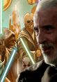 Count Dooku smirks in front of Jedi wielding lightsabers from Star Wars Clone Wars, capturing tense moments of the saga.