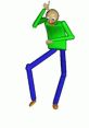 Baldi character dancing with a green shirt, blue pants, and a playful expression, embodying the "Oh God Baldi" meme.