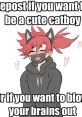 Cute animated character encouraging viewers to repost for a chance to be a cute catboy or share crazy content.