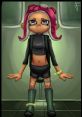 Octoling Girl with pink tentacle hair, dressed in black attire, stands against a green-lit background, showcasing her unique style.