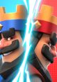 King characters from Clash Royale face off with lightning effects against a vibrant blue and red background.