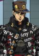 Jotaro Kujo from JJBA in stylish streetwear, showcasing a black jacket with unique logos and a distinctive hat.