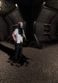 SCP game character stands in a dark corridor, creating an eerie atmosphere with shadows and sci-fi elements.