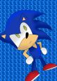 Sonic character in a playful pose against a vibrant blue background, showcasing iconic blue spikes and red shoes.