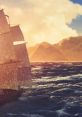 Majestic pirate ship sailing on turbulent seas under a vibrant sunset with distant mountains in the background.