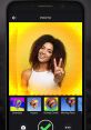 Smiling woman showing peace sign on an Android app screen with colorful effects like Hypno and Honey Comb.