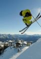 A skier in a bright yellow outfit performs a jump against a stunning mountainous backdrop, perfect for winter sports enthusiasts.