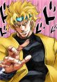 Dio Brando poses confidently with a menacing smile, wearing a yellow coat and striking a dramatic gesture.