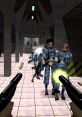 Intense gameplay scene from GoldenEye N64 featuring soldiers in action with firearms in a sci-fi environment.