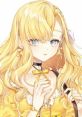 Cute anime girl with long blonde hair and blue eyes, styled in a yellow outfit with ribbons, exuding charm and elegance.