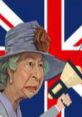 Queen of England illustration with a megaphone, set against a British flag background, showcasing royal expression and attitude.