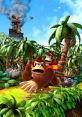 Donkey Kong and Diddy Kong explore a vibrant jungle landscape with exotic wildlife and a fiery volcano in the background.