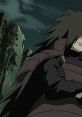 Madara Uchiha standing confidently with a backdrop of dark, rocky terrain under a starry sky.