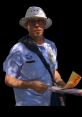 Postal worker in a blue uniform holding mail and documents, wearing glasses and a white hat, ready to deliver.