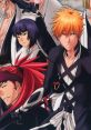 Bleach anime characters Ichigo, Renji, and others in striking poses, showcasing their unique styles and teamwork.