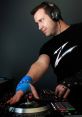 DJ mixing on turntables with focus and energy, wearing headphones and a blue bandana, showcasing a vibrant nightlife vibe.