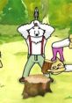 Bear character in suspenders humorously chopping wood in a vibrant forest scene, inspired by Rhythm Heaven Megamix gameplay.