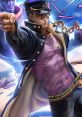 Jotaro from JoJo's Bizarre Adventure points confidently, showcasing his iconic style in an arcade fighter setting.