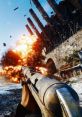 Explosive firefight in Battlefield V, showcasing intense combat action with a gun aimed at a crumbling structure.