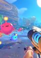 Colorful slimes frolic in a vibrant landscape, with a unique vacuum tool featured in the whimsical world of Slime Rancher 2.