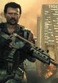 Soldier holding a futuristic weapon, set against a war-torn cityscape in Call of Duty: Black Ops 2 environment.