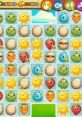 Colorful match-3 puzzle grid in Farm Heroes Saga featuring eggs, fruits, and cheerful characters with various effects.