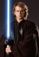 Anakin Skywalker in Jedi robes, holding a blue lightsaber, embodying the essence of the Force and Destiny.