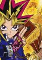 Yugi Moto from Yu-Gi-Oh! holds duel cards with a confident smile, set against a glowing ancient background.