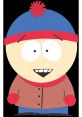 Stan Marsh from South Park, wearing a blue hat and red jacket, smiling cheerfully against a black background.