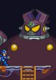 Mega Man X facing a large robot enemy on a platform, with yellow orbs in the background and a dark setting.