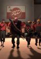 A group of Team Fortress 2 characters in front of a RED sign, showcasing their unique weapons and team spirit.