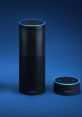 Amazon Alexa devices displayed against a dark blue background, featuring a tall speaker and a compact model with blue lights.