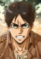 Eren Yeager from Attack on Titan, displaying intense determination with fierce green eyes and an expressive face.