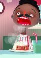 Character in Toca Kitchen 2 reacts humorously to a steaming plate of food, showcasing fun culinary effects.