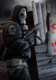 Gas-masked figure with an assault rifle stands near a warning sign, embodying the menacing presence of Stalker Bandits.