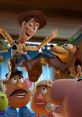 Woody and friends celebrate together in a joyful scene from Toy Story, showcasing fun and friendship.