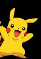 Cheerful Pikachu with bright yellow fur and happy expression, featuring iconic ears and red cheeks against a black background.