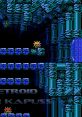 Metroid NES scene featuring vibrant blue scenery and an enemy character in a mysterious cave setting.