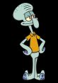 Squidward in a cheerful pose, wearing an orange shirt, showcasing his iconic features and unique personality traits.