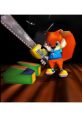 Conker the squirrel wields a chainsaw, ready for action in Conker's Bad Fur Day on Nintendo 64, showcasing its unique humor.