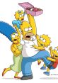 Homer Simpson joyfully holds a box of donuts, surrounded by Marge and their excited kids in this lively family scene.