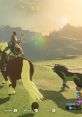 Link rides a horse in a lush landscape with a wolf companion, showcasing animal interactions in Breath of the Wild.