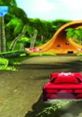 Red car racing through a vibrant jungle track in Hot Wheels: Track Attack for Wii, showcasing thrilling gameplay action.