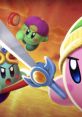 Kirby wields a sword alongside colorful allies in a vibrant landscape, showcasing characters from Nintendo Switch games.