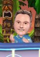 Pat Sajak in a vibrant setting, animated style, hosting Wheel of Fortune with tropical décor and a tiki statue.