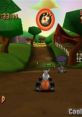 Granny races down a vibrant track in Looney Tunes Racing on PlayStation, with colorful scenery and a power-up ahead.