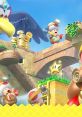 Toad characters explore a colorful landscape in Captain Toad: Treasure Tracker, collecting coins and a shining star.